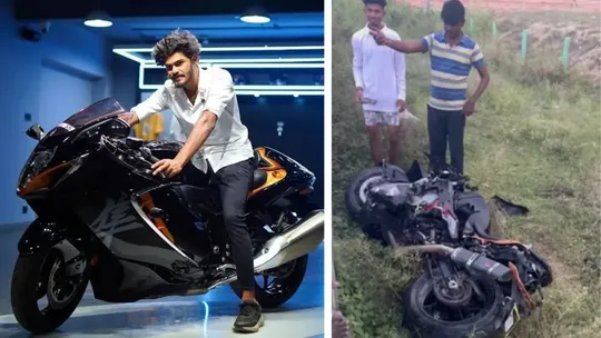 youtuber vasan lost bike control while performing stunt accident cctv viral kancheepuram