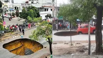Lucknow Car stuck in pot hole