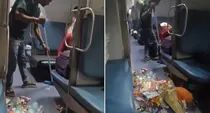 viral video irctc staff seen cleaning large trash under the train seats 