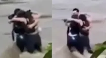 Three Young Friends Embracing Each Other