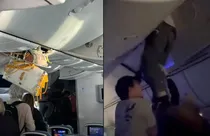 passengers pulling out man stuck in luggage bin (photo-social media)