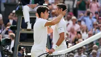 Carlos Alcaraz shakes hand with Novak Djokovic after winning Wimbledon 2024 (AP Photo)