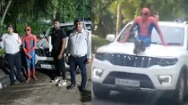 delhi traffic police action on 26 thousand rupees challan spider man dressed person for stunt on Scorpio car