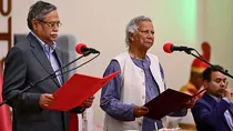 Muhammad Yunus taking oath as interim government head in Dhaka on August 8, 2024. | Photo Credit: AFP 