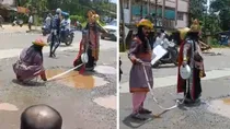 yamaraja chitragupta long jump competition on pothole filled road video viral karnataka udupi