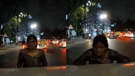 bengaluru dashcam video viral woman caught falling in front of moving car fake accident users reacts