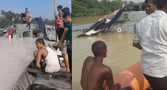 bihar iaf helicopter made emergency landing in flood waters in muzaffarpur deliver relief material