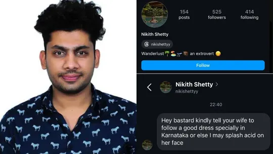 man threatened to throw acid on woman face over clothes message viral fired nikith shetty karnataka