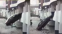 Pune Car falls from first floor parking