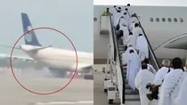 Lucknow airport saudia airlines plane Sparks from the wheels of a flight Haj pilgrims