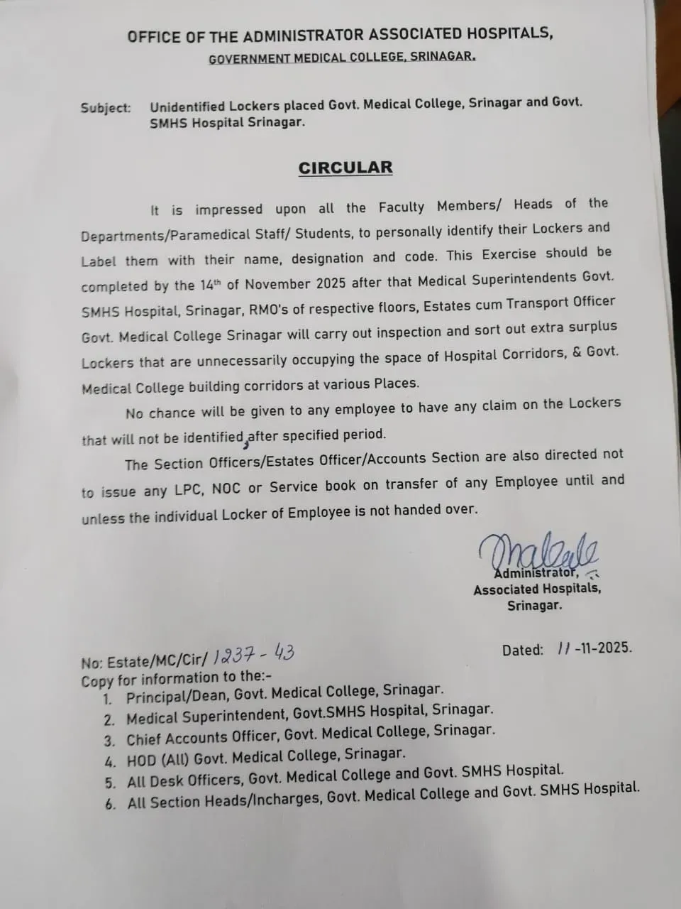 GMC अस्पताल प्रशासन ने जारी किया सर्कुलर 