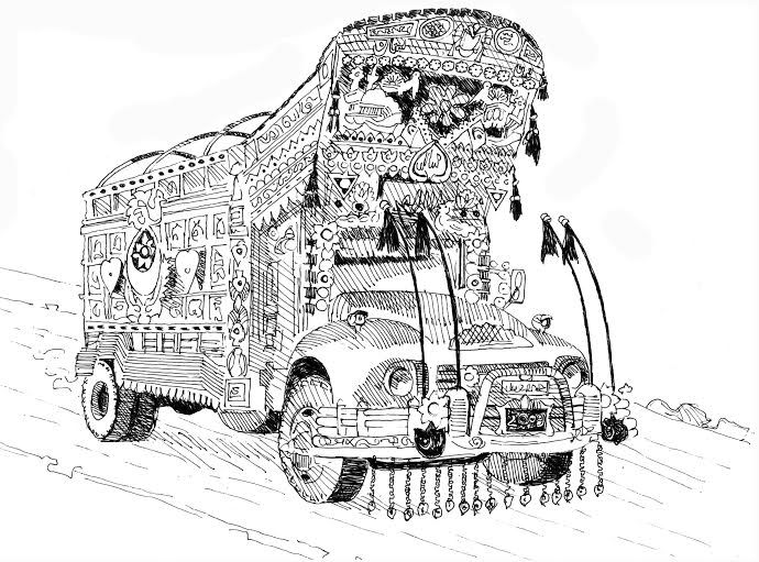 ऐसे ट्रक आज भी वहां चलते हैं, ये चित्र धर्मेन्द्र पारे जी का बनाया हुआ है. 