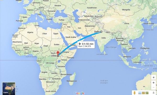 नक्शे में इंडिया से साउथ सूडान का रास्ता