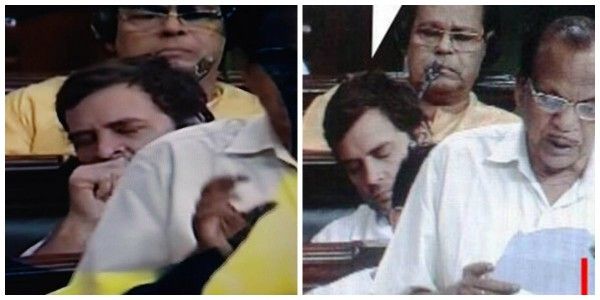 जुलाई 2014 में लोकसभा में सोते, आई मीन उठते हुए राहुल गांधी