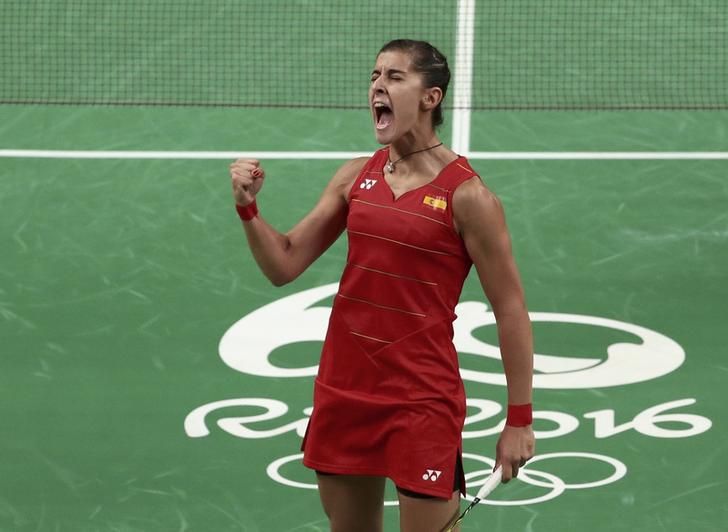 2016 Rio Olympics - Badminton - Women's Singles - Gold Medal Match - Riocentro - Pavilion 4 - Rio de Janeiro, Brazil - 19/08/2016. Carolina Marin (ESP) of Spain reacts during her match against P.V. Sindhu (IND) of India. REUTERS/Alkis Konstantinidis FOR EDITORIAL USE ONLY. NOT FOR SALE FOR MARKETING OR ADVERTISING CAMPAIGNS.