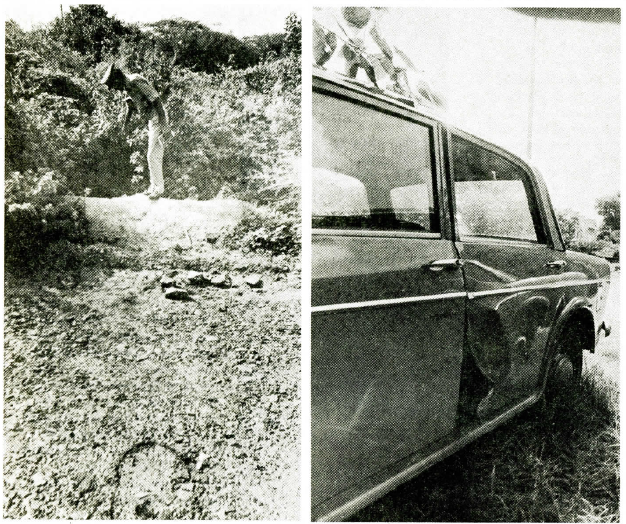 एक पुलिस वाला उस जगह को दिखाता हुआ जहां संजय की लाश मिली. दूसरी फोटो में वो कार जिसमें बच्चों का किडनैप हुआ.