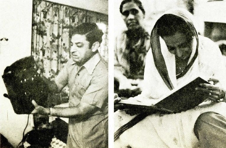 संजय का बैग देखते हुए मदन मदन चोपड़ा और दूसरी फोटो में रोमा चोपड़ा 