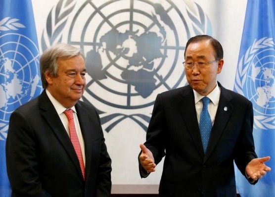 Secretary General-designate Antonio Guterres of Portugal (L) is greeted by U.N. Secretary General Ban Ki-moon at the U.N. headquarters in New York City, U.S. October 13, 2016. REUTERS/Brendan McDermid