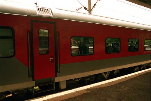 A View from outside of the most luxurious world class state -of-the-art indigenously built German technology ALSTOM-LHB design coaches, first to be introduced in New Delhi-Mumbai Rajdhani Express, in New Delhi on July 01, 2003 (Tuesday).