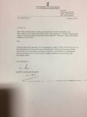 पुदुचेरी लेफ्टिनेंट गवर्नर का आदेश. किरण बेदी के ट्विटर हैंडल से.