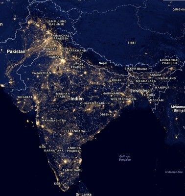 रात के वक्त भारत में रोशनी. (स्रोतःनासा ब्लू मार्बल नेविगेटर)