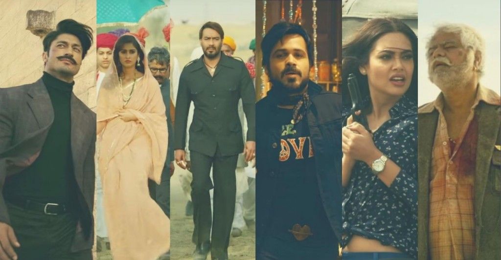 'बादशाहो' में विद्युत जमवाल, इलियाना डिक्रूज, अजय देवगन, इमरान हाशमी, ईशा गुप्ता और संजय मिश्रा.