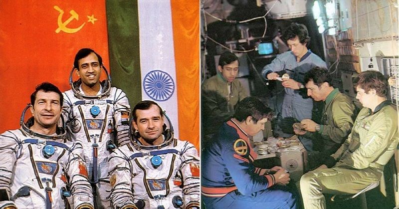 सोयूज़ टी-11 के कॉस्मोनॉट मालिशेव, राकेश शर्मा और स्ट्रेकलॉव. दूसरी फोटो में राकेश सोवियत प्रोग्रैम की ट्रेनिंग लेते हुए. (फोटोः स्पेस पैचेज़/सोवियत विजुअल्स)