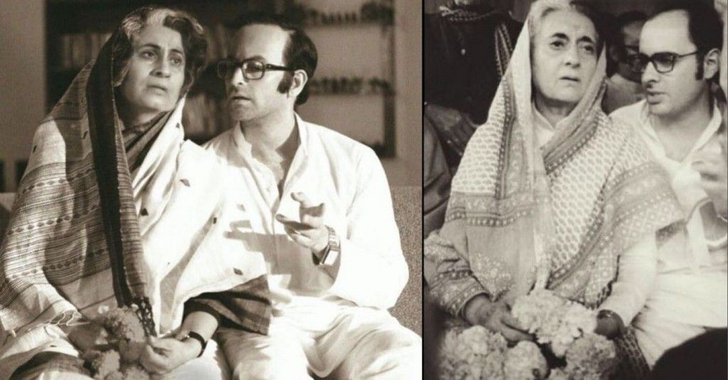 फिल्म 'इंदु सरकार' में सुप्रिया और नील नितिन मुकेश. दूसरी तस्वीर में इंदिरा गांधी और संजय गांधी.