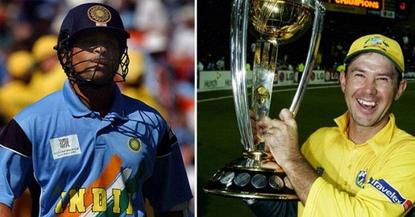 पवेलियन लौटते सचिन और विजेता ट्रॉफी के साथ ऑस्ट्रेलियाई कप्तान रिकी पोंटिंग