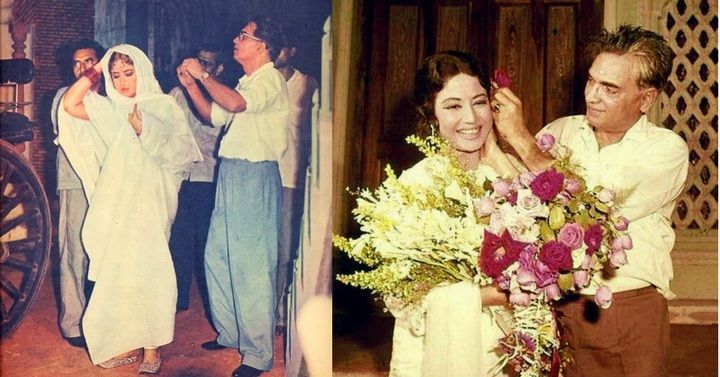 फिल्म पाक़ीज़ा के सेट पर पति और डायरेक्टर कमाल अमरोही के साथ मीना.