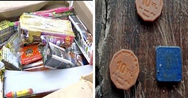 सिरसा के डेरे से विस्फोटक (बाएं) और प्लास्टिक के सिक्के बरामद हुए हैं.