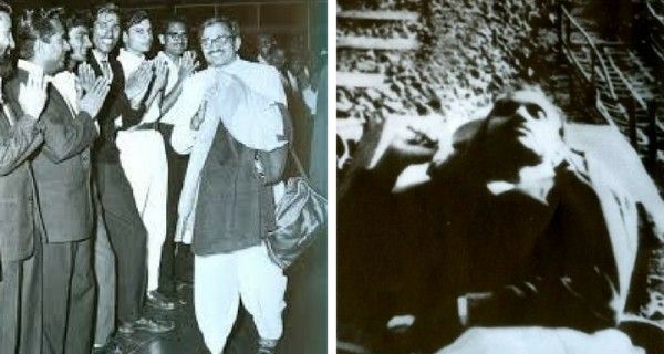 लोगों का अभिवादन स्वीकार करते दीनदयाल (बाएं). मुगल सराय स्टेशन पर मिली लाश. 