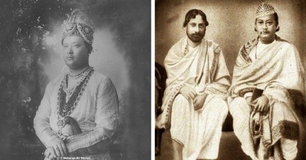 बीर बिक्रम किशोर (बाएं) और रविंद्र नाथ टैगोर के साथ उनके दादा राधा किशोर माणिक्य.