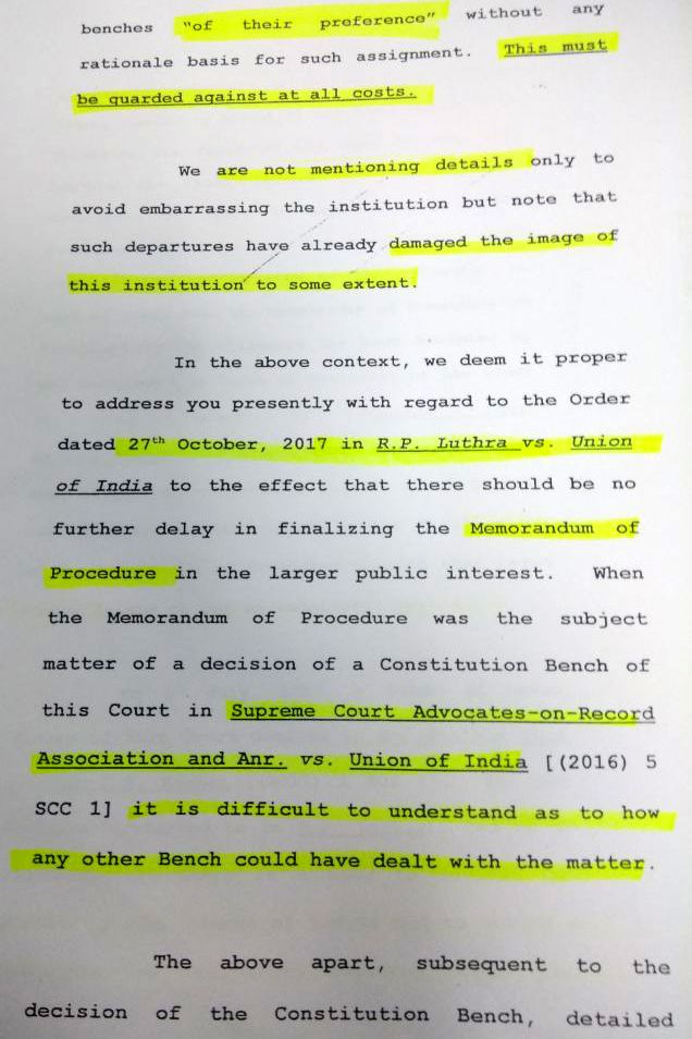 CJI को लिखी चिट्ठी में मेमोरैंडम ऑफ प्रोसीजर का ज़िक्र बार-बार आया है.