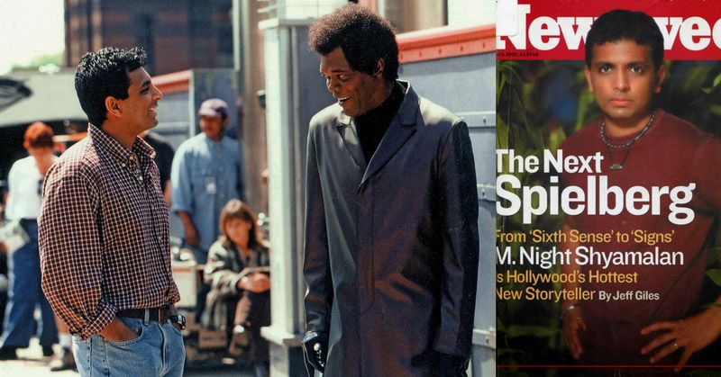 फिल्म 'अनब्रेकेबल' के सेट पर एक्टर सेमुअल एल. जैक्सन के साथ एम. नाइट श्यामलन. दूसरी ओर न्यूज़वीक मैगज़ीन के कवर पेज पर जहां उन्हें हॉलीवुड का अगला स्टीवन स्पीलबर्ग कहा गया.