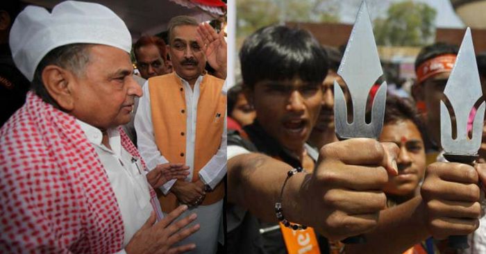 लेफ्ट - मुस्लिम टोपी लगाए मुलायम सिंह. राईट - बजरंग दल के हथियारबंद कारसेवक.