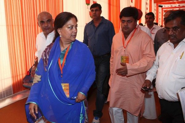 Vasundhara Raje, Former Chief Minister of Rajasthan with her son Dushyant Singh, BJP MP from Jhalawar (Rajasthan) at the BJP's National Convention in Surajkund, Faridabad, India. (Conference, Politics, Politician, National Executive meeting in Faridabad)