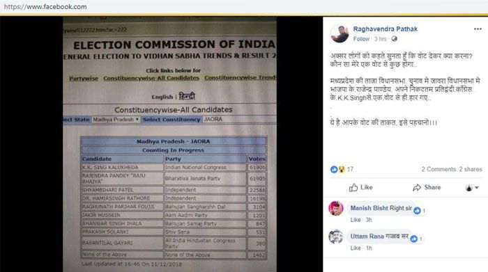 ये स्क्रीनशॉट मध्य प्रदेश की जावरा सीट का नतीज़ा कहकर शेयर किया जा रहा है. 