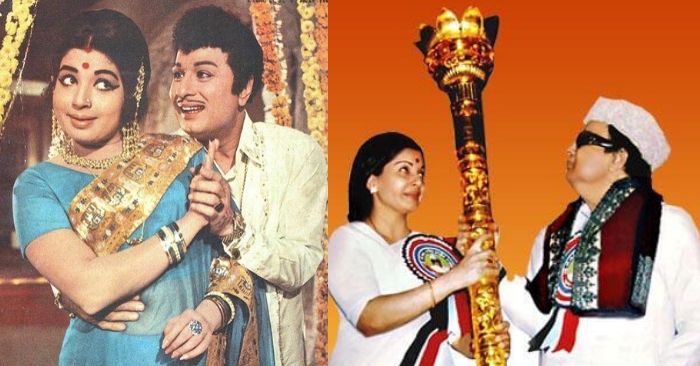 एक फिल्म में एमजीआर के साथ जयललिता. दूसरी तस्वीर में अपने पॉलिटिकल करियर लॉन्च के दौरान अपने पॉलिटिकल मेंटर एमजीआर के साथ जयललिता.