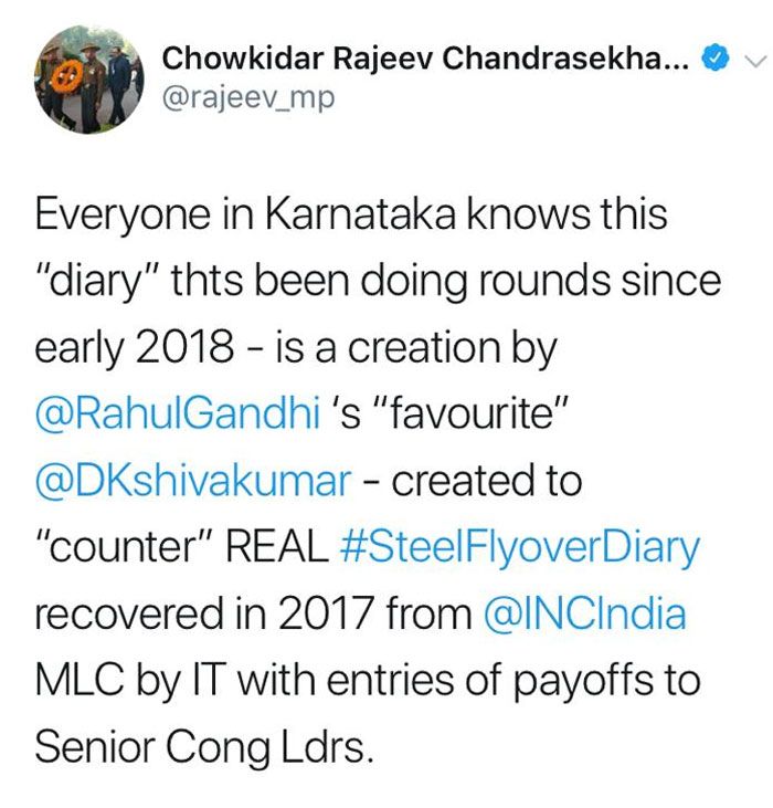 ये राजीव चंद्रशेखर का ट्वीट है. उनका कहना है कि इस कथित डायरी के बारे में कर्नाटक में हर कोई जानता है. 2018 की शुरुआत से ही. कि ये डायरी राहुल गांधी और उनके पसंदीदा डी के शिवकुमार की गढ़ी हुई है.