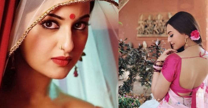 'दबंग 2' के एक सीन में सोनाक्षी. दूसरी तस्वीर में 'दबंग 3' की शूटिंग के पहले दिन सोनाक्षी सिन्हा.