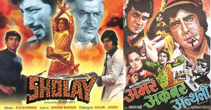 फिल्म 'शोले' और 'अमर अकबर एंथनी' फिल्म के पोस्टर.