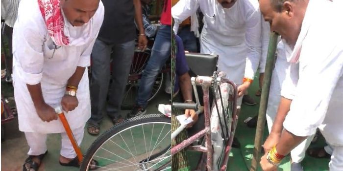 एक कार्यक्रम के दौरान भी साइकिल में दिक्कत आने पर खुद हवा भरने लग गए.