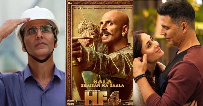फिल्म 'मिशन मंगल', 'हाउसफुल 4' और 'गुड न्यूज़' के तीन अलग-अलग सीन्स में अक्षय कुमार.
