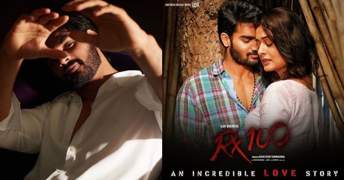 सुनील शेट्टी के बेटे अहान और दूसरी तरफ ओरिजिनल फिल्म 'आर एक्स 100' का पोस्टर.