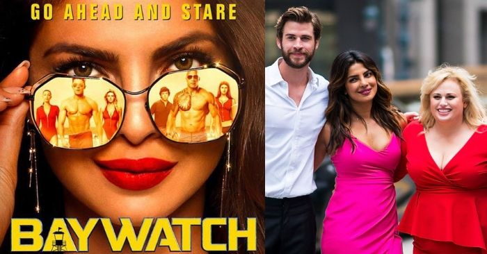 फिल्म 'बेवॉच' के पोस्टर और 'इज़न्ट इट रोमैंटिक' के एक सीन में प्रियंका चोपड़ा.