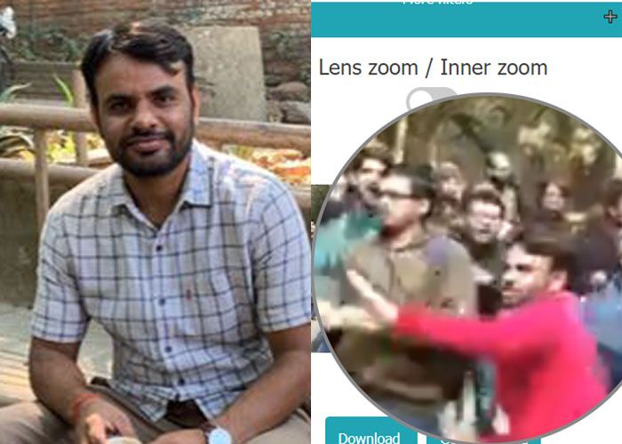 वायरल वीडियो में लाल स्वैटर पहने दिख रहा शख़्स सर्वेद्र. InVid के मैग्निफायर टूल से हमने वीडियो के स्क्रीनग्रैब को ज़ूम किया. तो तस्वीर ऐसी दिखी. बाईं ओर दिख रही तस्वीर सर्वेंदर की वॉट्सएप प्रोफाइल फोटो है. 