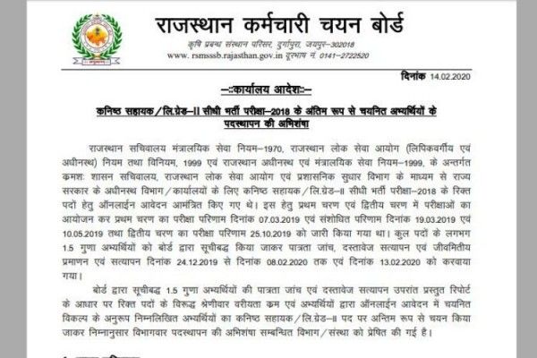 14 फरवरी 2020 को घोषित किया गया फाइनल रिजल्ट.