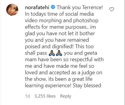 नोरा फतेही ने टेरेंस लुईस के पोस्ट पर जवाब दिया है.