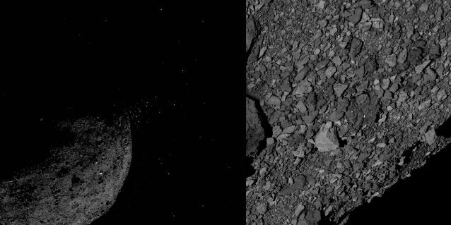 पहली तस्वीर में ऐस्टरॉइड के कण देखे जा सकते हैं. दूसरी में इसमें मौजूद बड़ बड़े बोल्डर. (NASA)